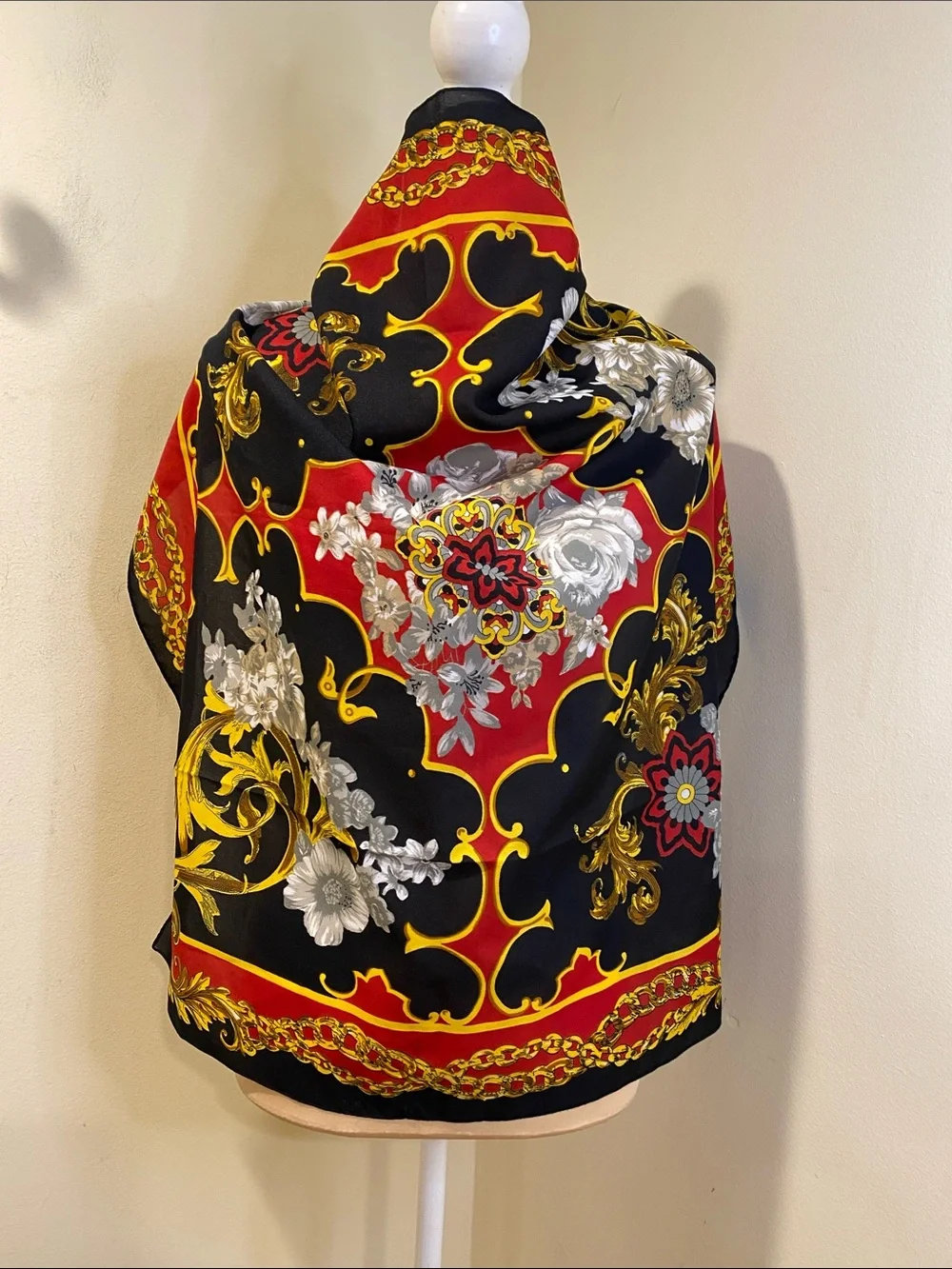 Baroque Print Satin Scarf in Black, Red & Gold